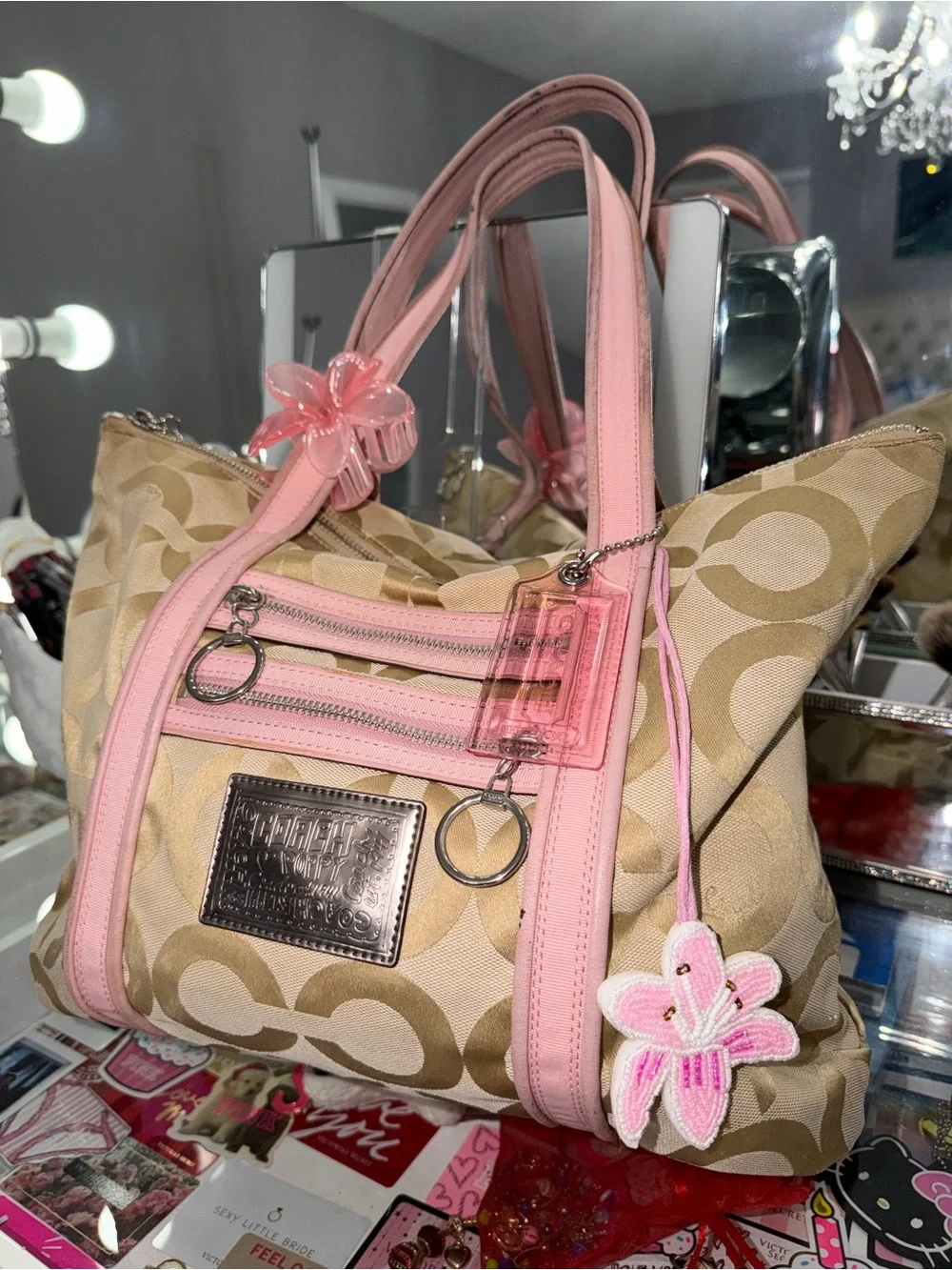 Coach Poppy Pink & Khaki Canvas Tote